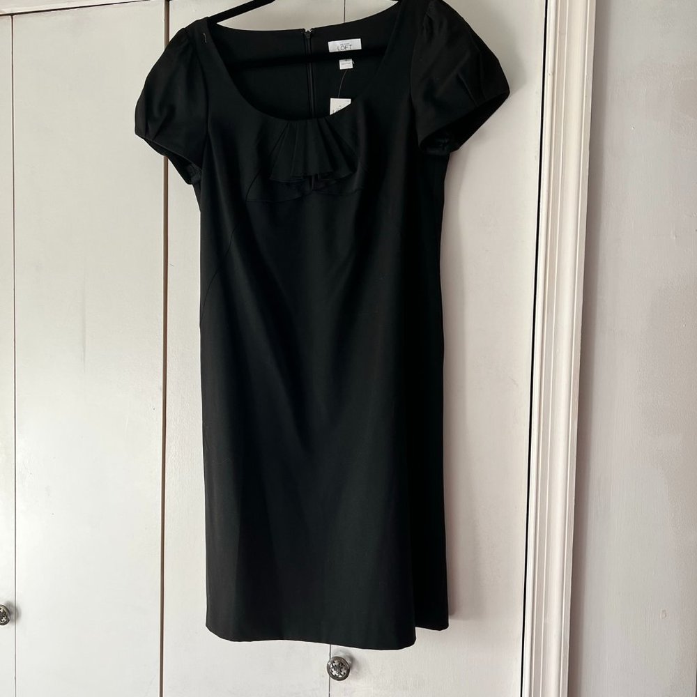 NWT! LOFT, Black Dress with Ruffle Around Neckline, Size 8